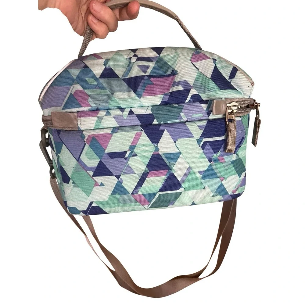 L.L.Bean Insulated Lunch Bag Cooler Geometric Print Adjustable Strap Blue